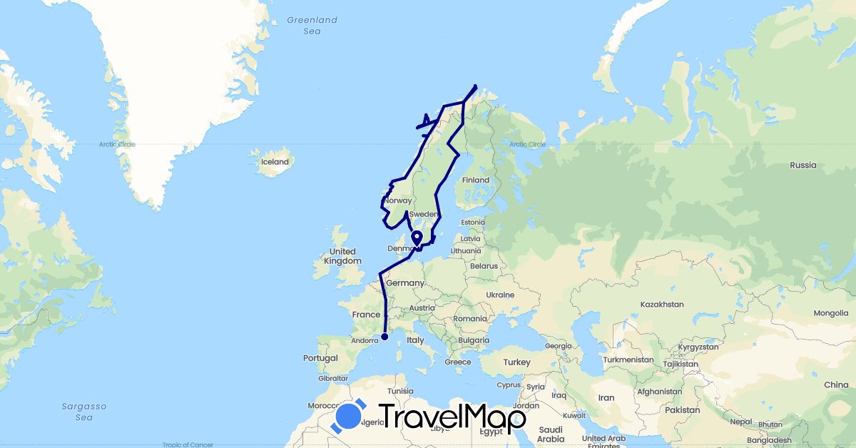 TravelMap itinerary: driving in Switzerland, Germany, Denmark, Finland, France, Netherlands, Norway, Sweden (Europe)