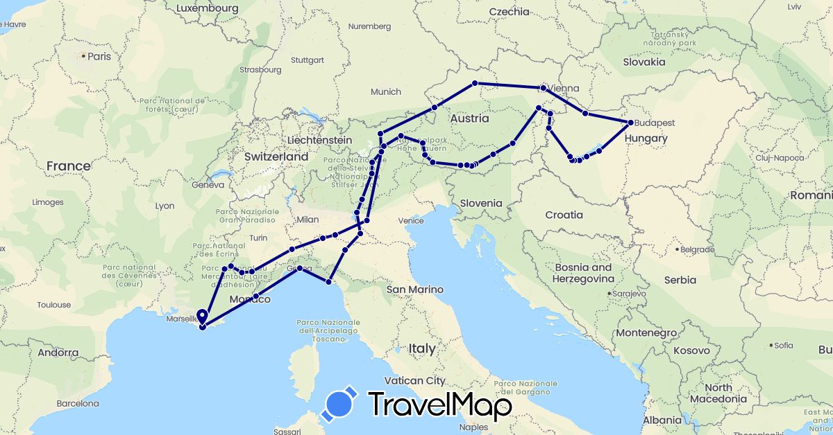 TravelMap itinerary: driving in Austria, France, Hungary, Italy (Europe)